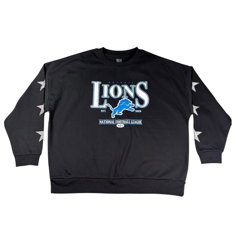 Gameday Couture Detroit Lions NFL Sweatshirt Black Rhinestone Star Sleeve Wmns L